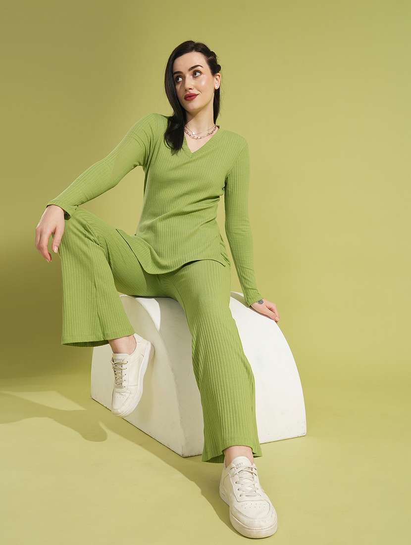 globus women green v-neck ribbed long sleeves side slit top & fully elasticated ankle length trouser co-ord set - 21531890 - Standard Image - 2