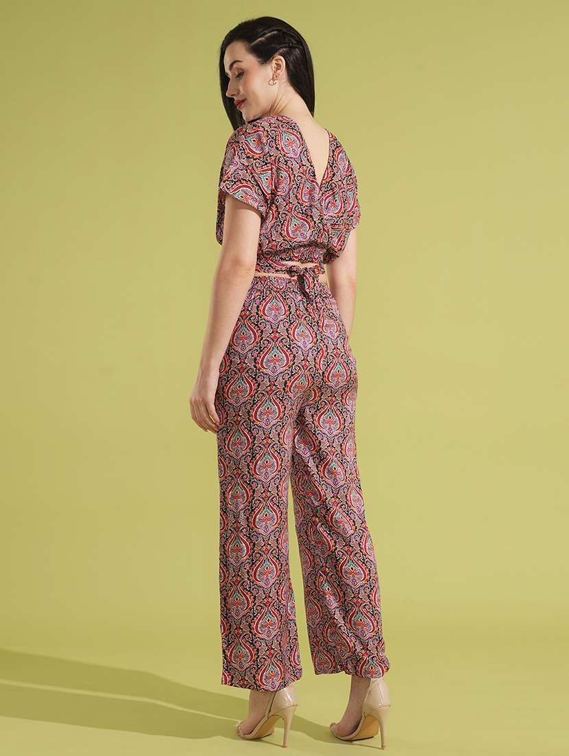 globus women multi-colour ethnic print wrap v-neck batwing sleeves back tie-up crop top & trouser co-ord set - 21531893 -  Standard Image - 2