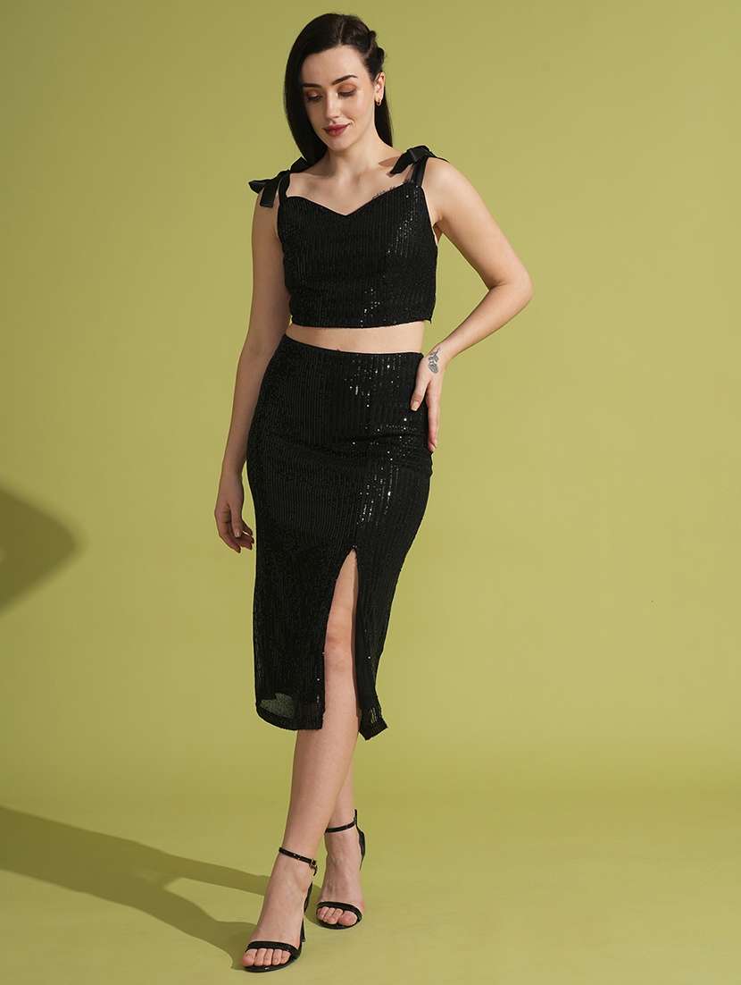globus women black sequinned strappy tie-up sweetheart neck crop top & mid-rise side slit midi skirt co-ord set