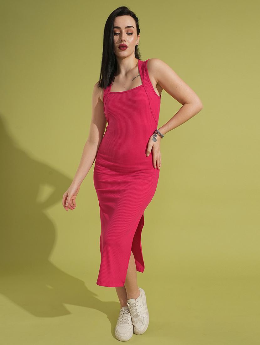 globus women pink square neck ribbed bodycon side slit midi party dress - 21531900 - Zoom Image - 0