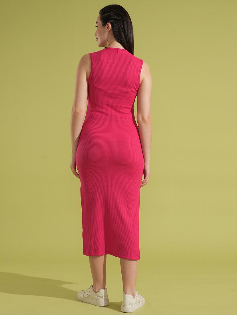 globus women pink square neck ribbed bodycon side slit midi party dress - 21531900 - Standard Image - 2