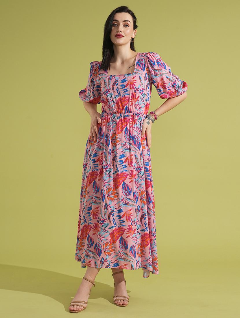 globus women pink tropical print square neck puff sleeves fit & flare maxi dress - 21531903 - Zoom Image - 0
