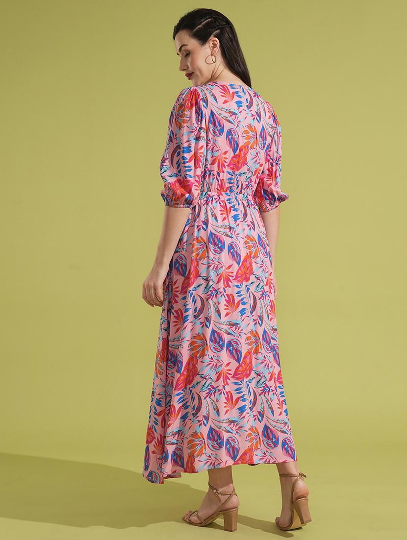 globus women pink tropical print square neck puff sleeves fit & flare maxi dress - 21531903 - Standard Image - 2