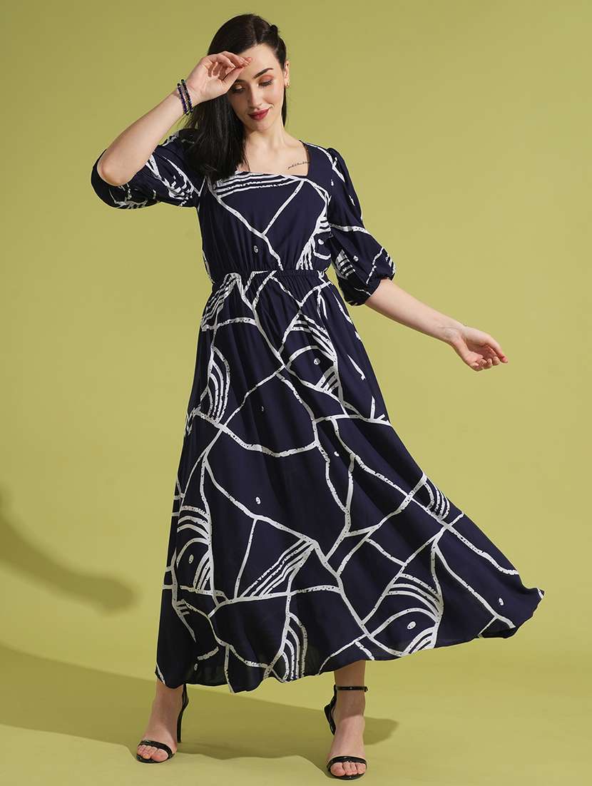 globus women blue abstract print square neck puff sleeves fit & flare maxi dress
