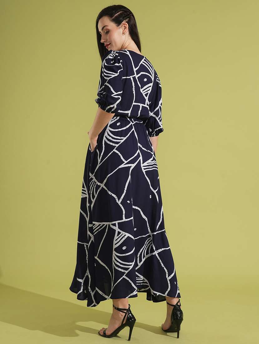 globus women blue abstract print square neck puff sleeves fit & flare maxi dress - 21531904 - Standard Image - 2
