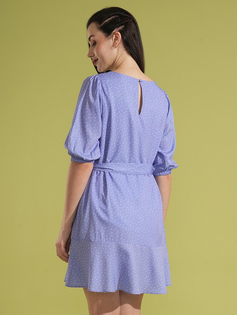 globus women lavender allover polka dot puff sleeves waist tie-up a-line mini dress - 21531907 - Standard Image - 2