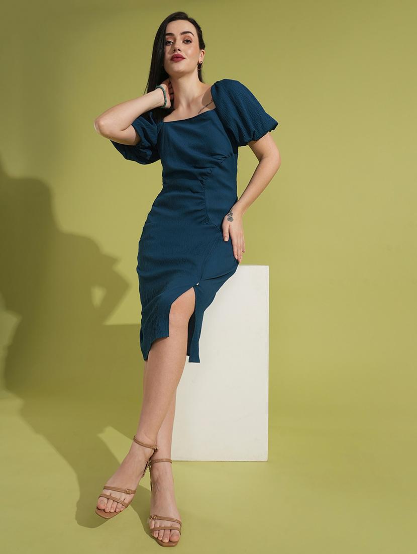 globus women teal square neck puff sleeves ruched & smocked midi bodycon party dress - 21531908 - Standard Image - 2