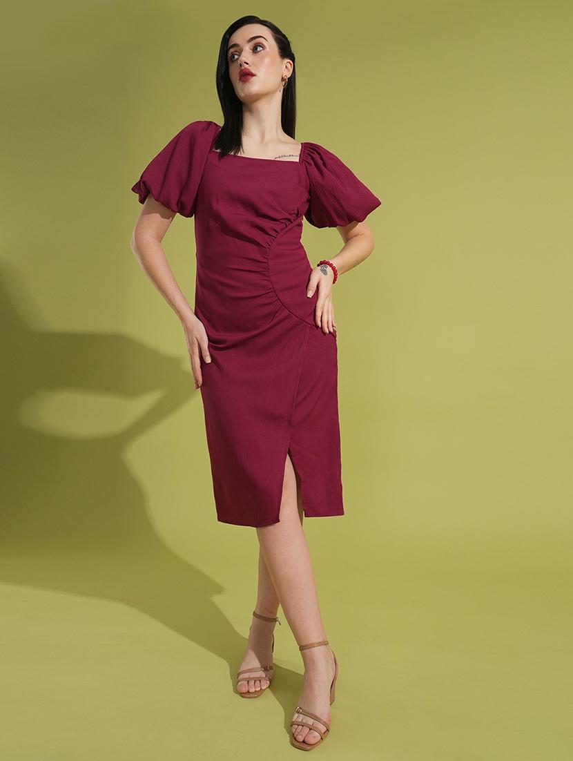 globus women rose square neck puff sleeves ruched & smocked midi bodycon party dress - 21531909 - Zoom Image - 0