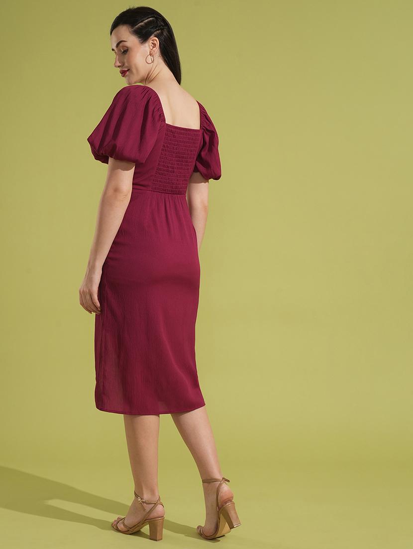 globus women rose square neck puff sleeves ruched & smocked midi bodycon party dress - 21531909 - Standard Image - 2