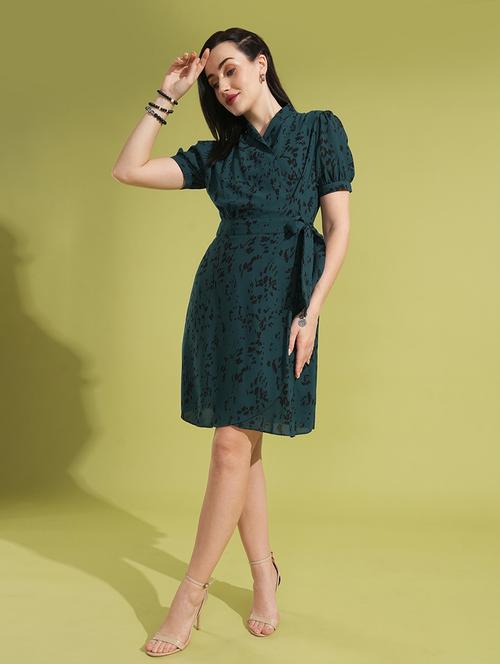 globus women green animal printed puff sleeves collared wrap waist tie-up workwear dress - 21531910 - Standard Image - 0