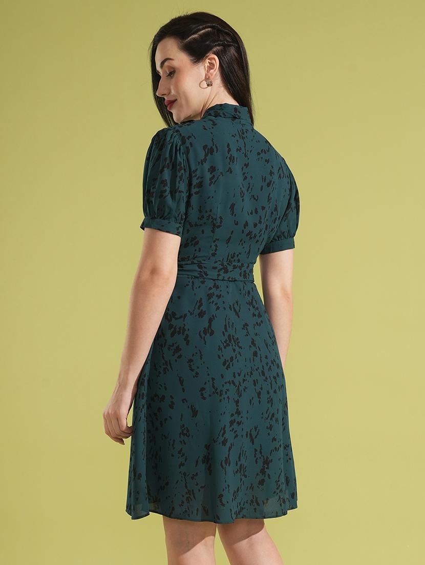 globus women green animal printed puff sleeves collared wrap waist tie-up workwear dress - 21531910 - Standard Image - 2