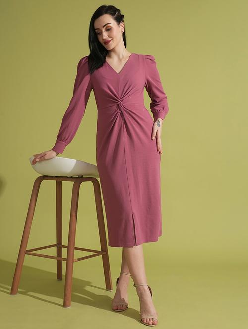globus women pink v-neck cuffed sleeves twisted detail midi bodycon party dress - 21531915 -  Standard Image - 0