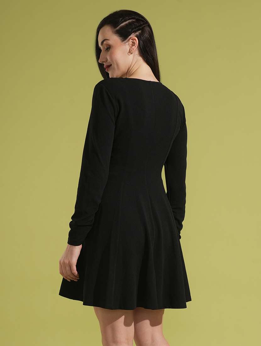 globus women black ruched sleeves v-neck hong button flared  mini wrap party dress - 21531916 -  Standard Image - 2