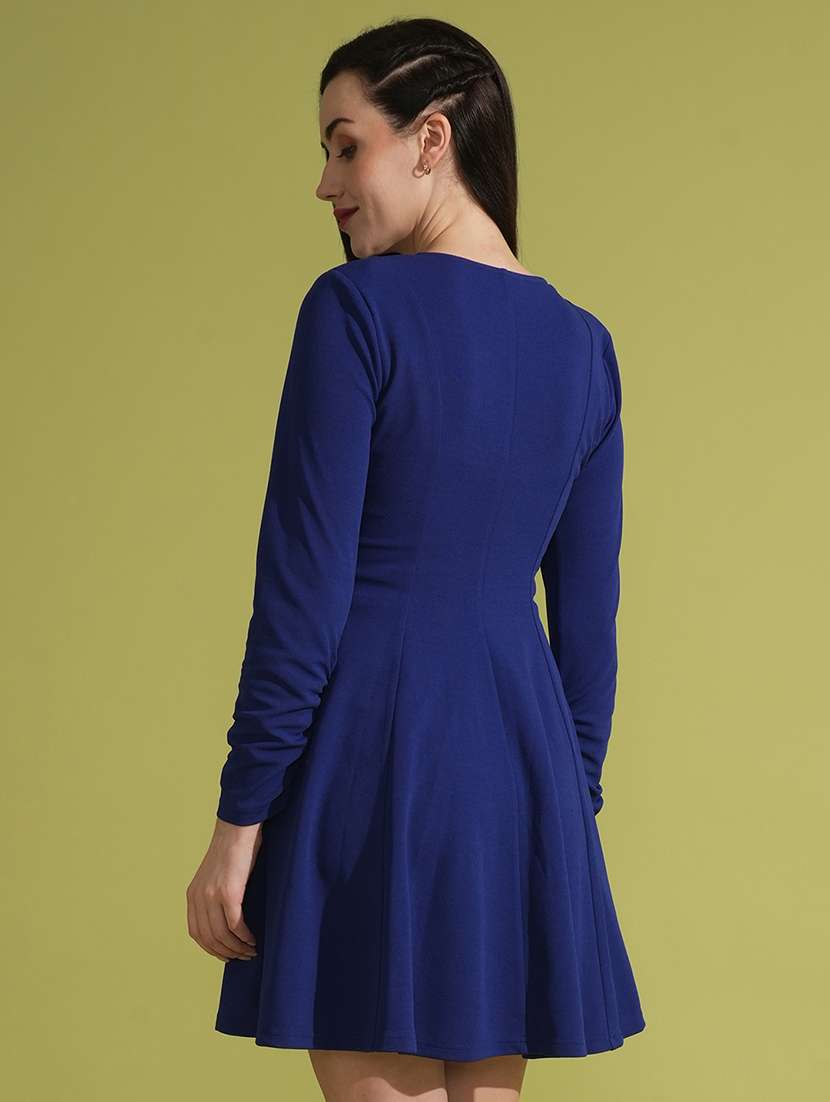 globus women blue ruched sleeves v-neck hong button flared  mini wrap party dress - 21531917 -  Standard Image - 2