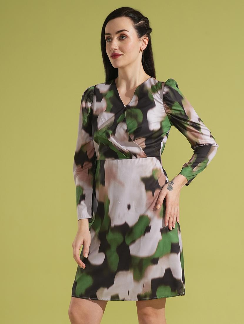 globus women green abstract print puff sleeves wrap v-neck sheath party dress - 21531920 - Zoom Image - 0