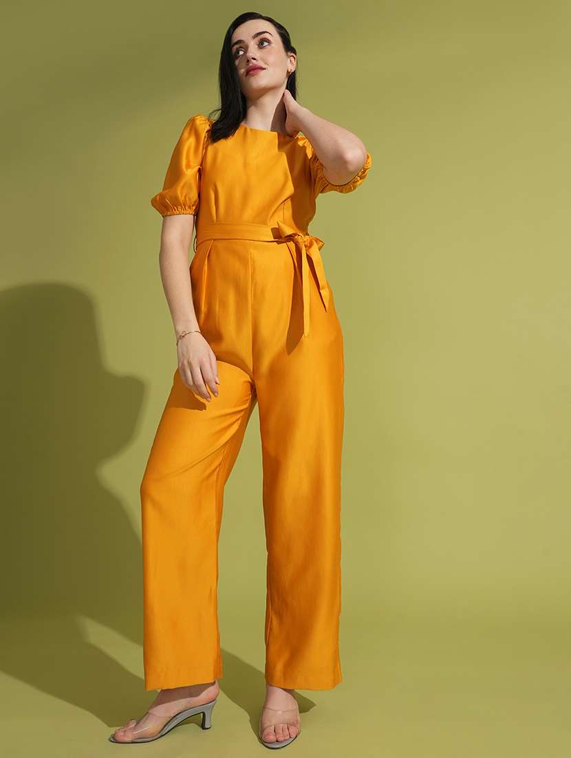 globus women yellow solid round neck puff sleeve waist tie-up party jumpsuit