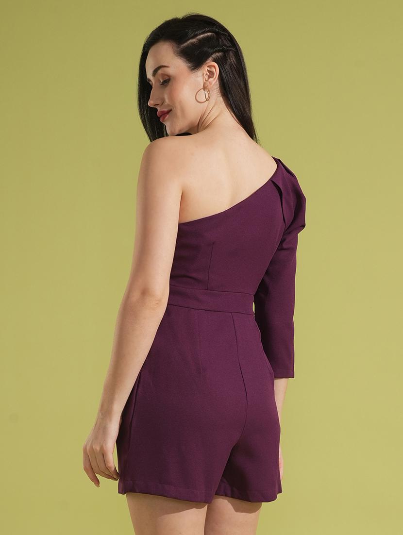 globus women burgundy solid one shoulder pleated sleeve party playsuit - 21531927 - Standard Image - 2