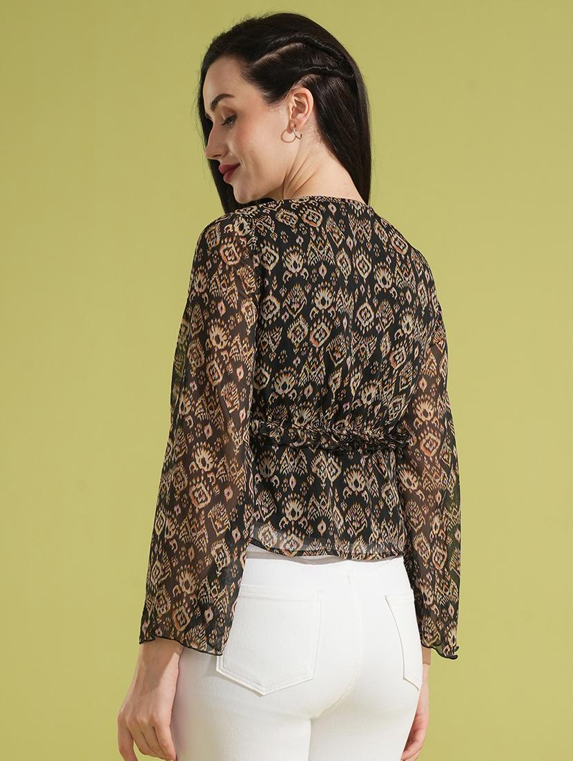 globus women black tribal print v-neck bell sleeves gathered semi sheer workwear top - 21531930 - Standard Image - 2