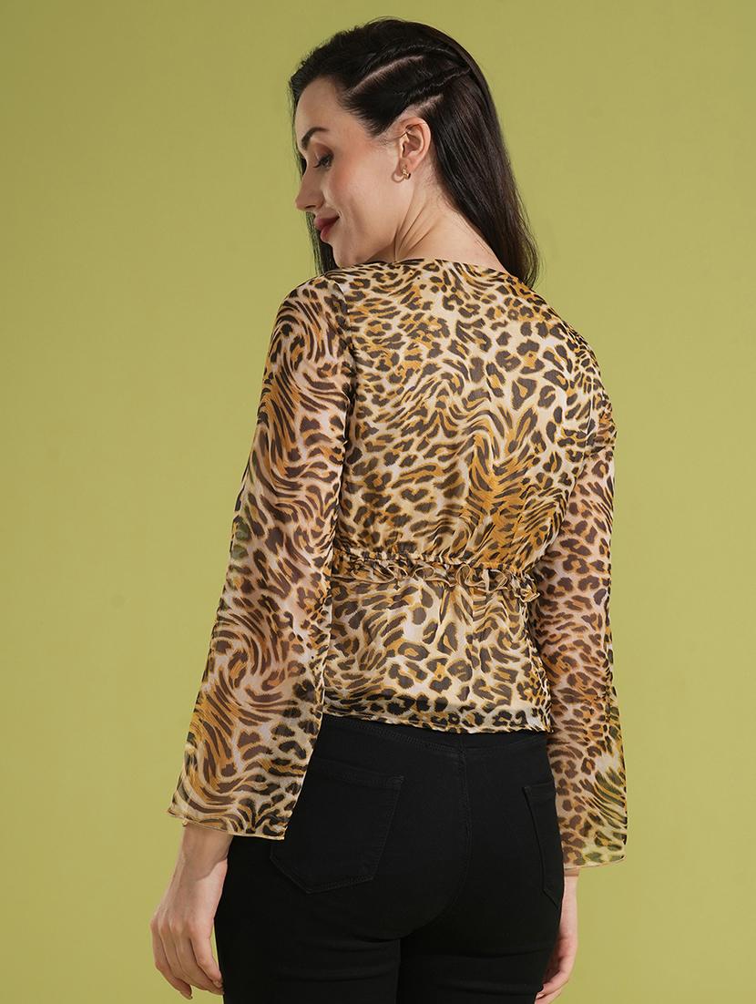 globus women multi animal print v-neck bell sleeves gathered semi sheer workwear top - 21531931 - Standard Image - 2