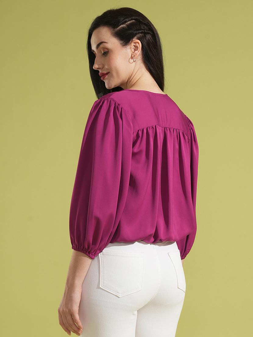globus women magenta v-neck puff sleeves pleated detail workwear wrap top - 21531932 - Standard Image - 2