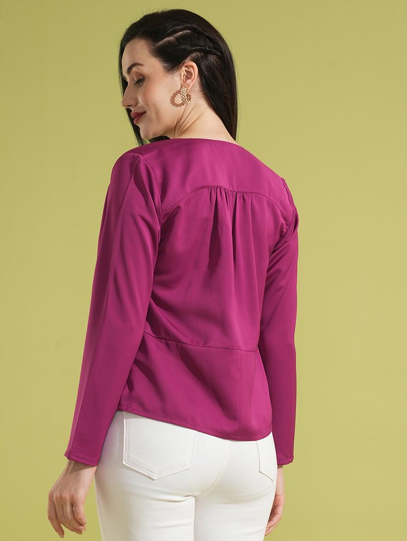 globus women magenta solid cowl neck long sleeves gathered detail party top - 21531934 - Standard Image - 2