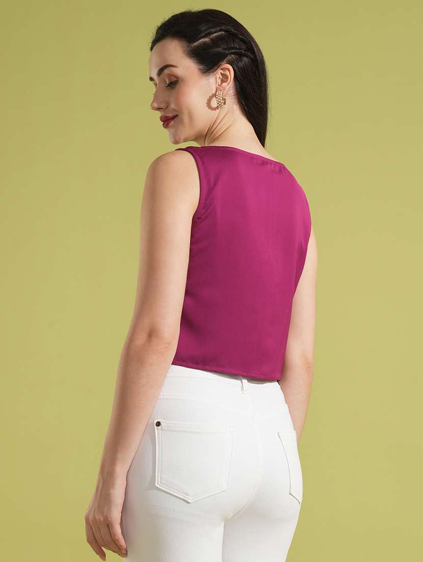 globus women burgundy cowl neck crop party top with metal buckle strap - 21531935 -  Standard Image - 2