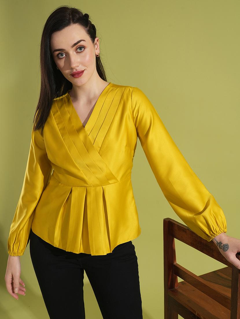 globus women yellow solid wrap neck bishop sleeves pleated detail workwear peplum top - 21531936 -  Zoom Image - 0