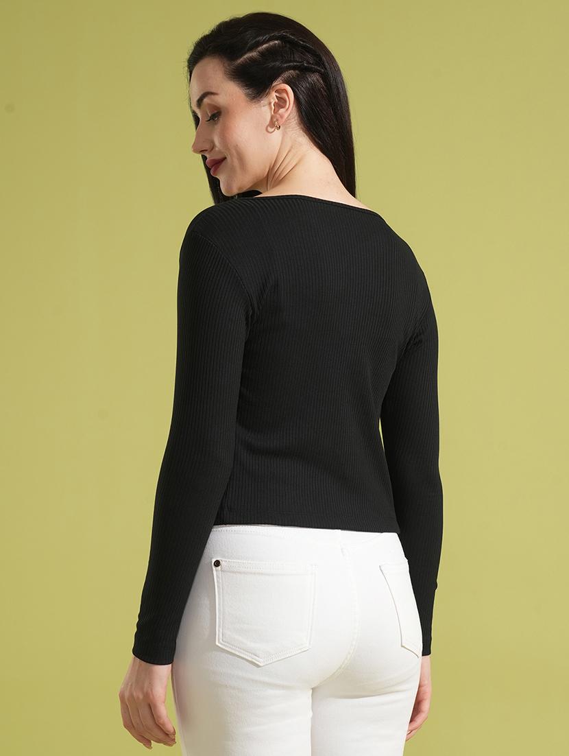 globus women black self design rib v-neck long sleeves tie-up wrap top - 21531940 - Standard Image - 2