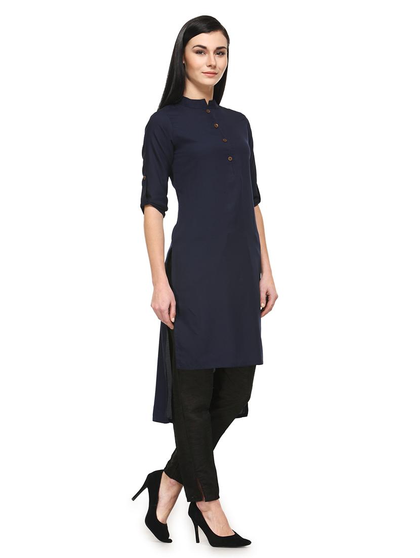 women solid mandarin neck high-low kurta - 21531974 - Standard Image - 2