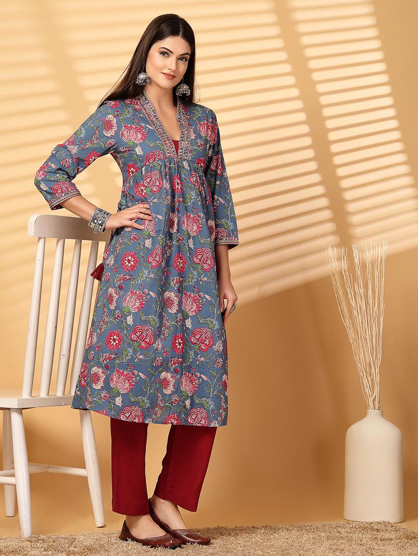 women floral printed v neck kurta pant set - 21532103 - Standard Image - 2