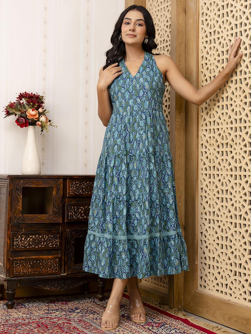 women teal printed v neck tiered dress