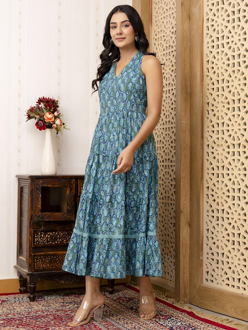 women teal printed v neck tiered dress - 21532107 - Standard Image - 2
