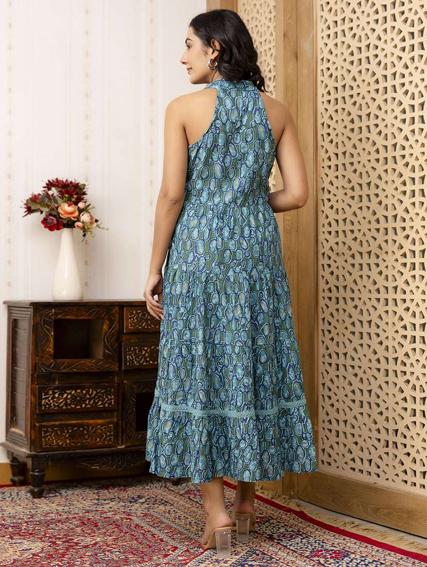 Women Teal Printed V Neck Tiered Dress