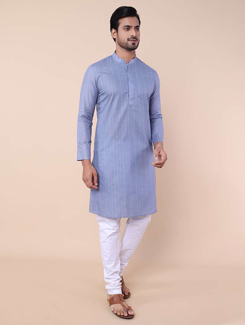 men striped mandarin neck cotton kurta - 21532194 - Standard Image - 2
