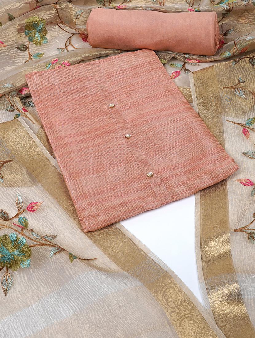 women peach self design unstitched suit set - 21532226 - Zoom Image - 0