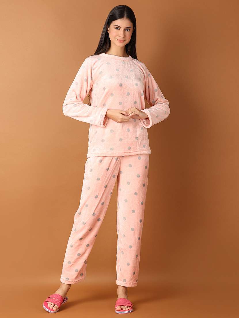 women polka printed long sleeve nightwear set
