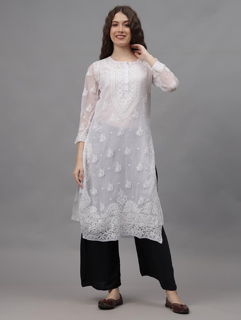 women three quarter sleeves chikankari kurta - 21532298 -  Zoom Image - 0