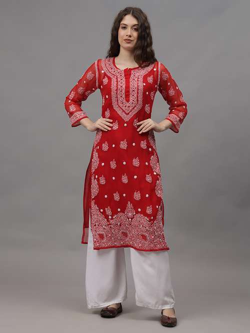 women three quarter sleeves chikankari kurta - 21532299 -  Standard Image - 0