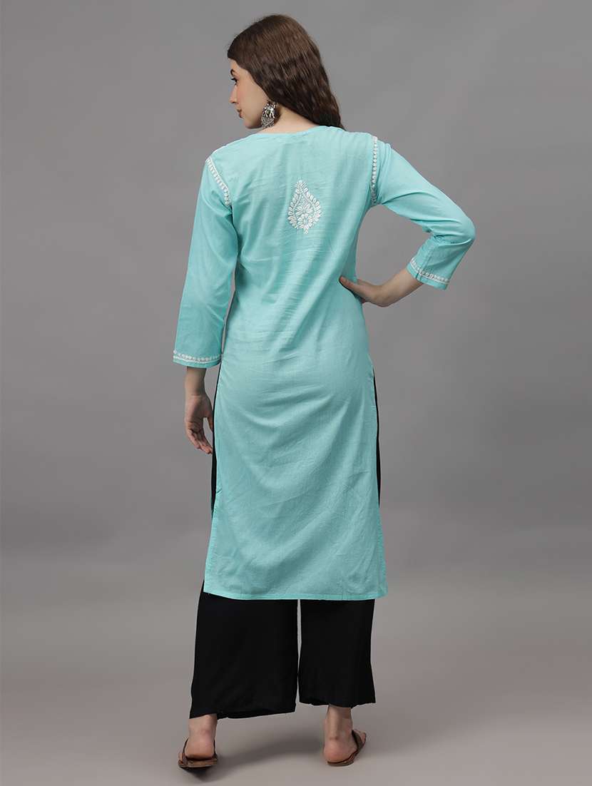 women three quarter sleeves chikankari kurta - 21532337 - Standard Image - 2