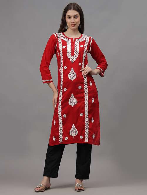 women three quarter sleeves chikankari kurta - 21532338 -  Standard Image - 0