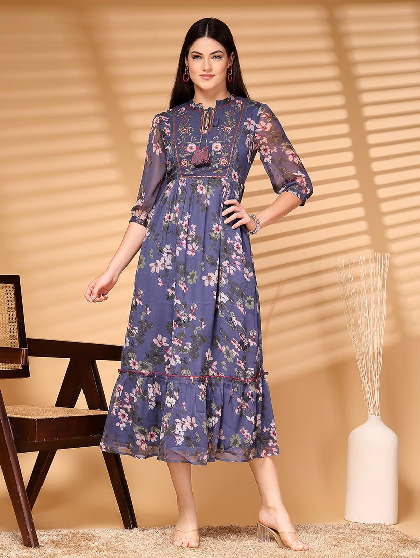 women floral printed tie up neck tiered dress - 21532387 -  Zoom Image - 0