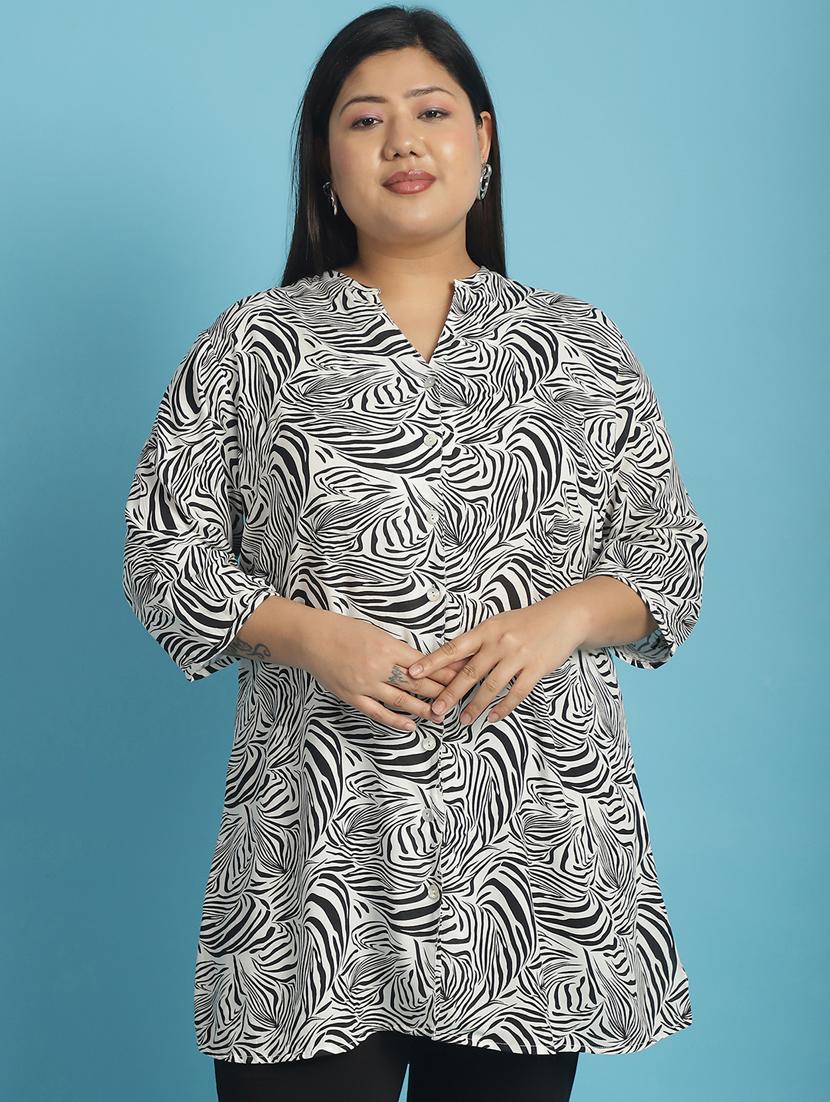 women plus size printed mandarin neck shirt - 21532398 - Zoom Image - 0