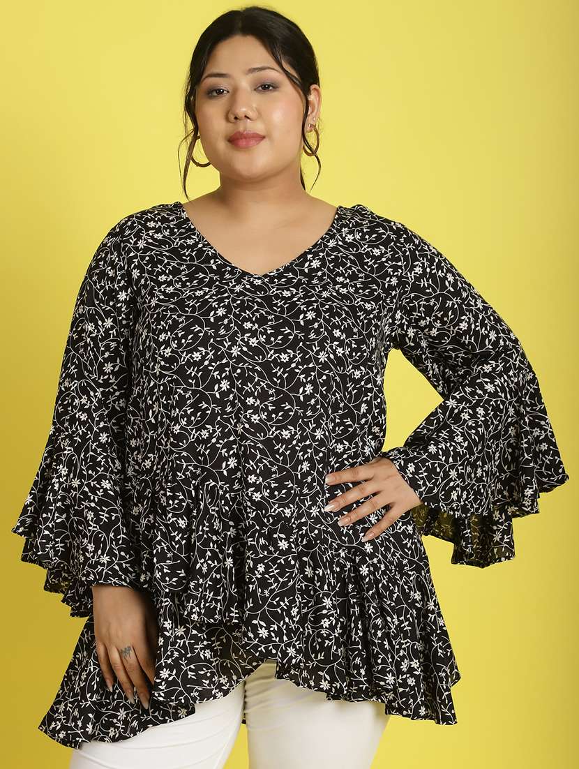 women v neck printed high-low top