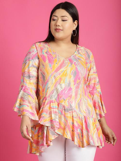 women v neck printed high-low top - 21532426 - Standard Image - 0