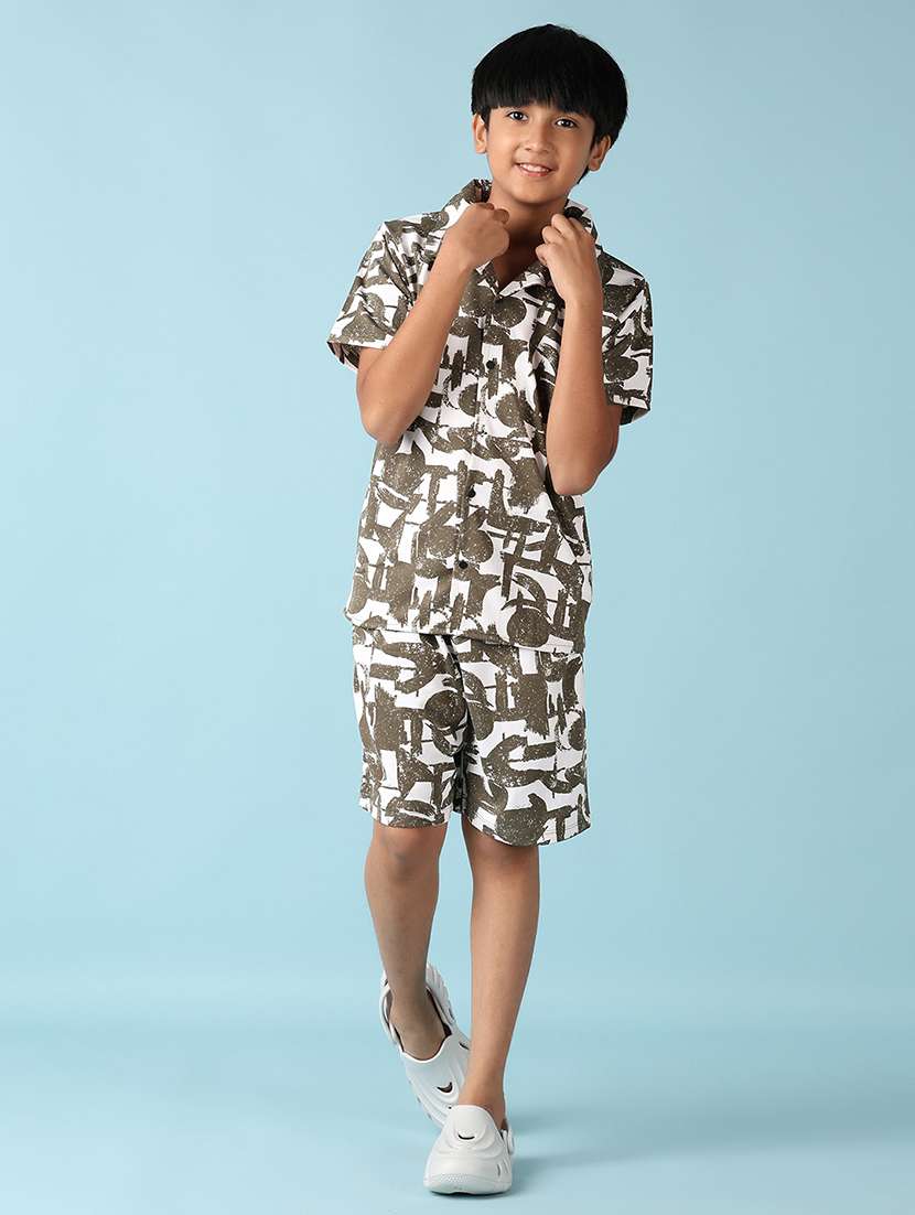 boys olive printed shorts set