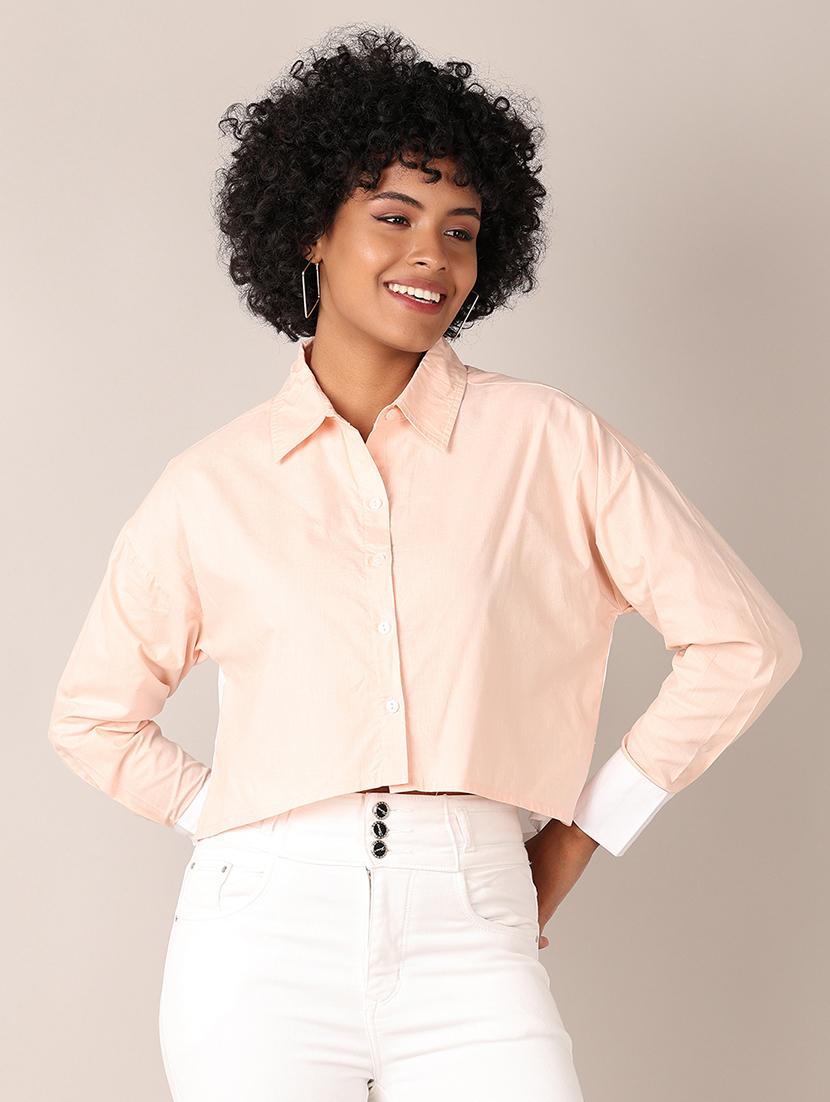 women solid collared long sleeves crop shirt - 21533798 - Zoom Image - 0