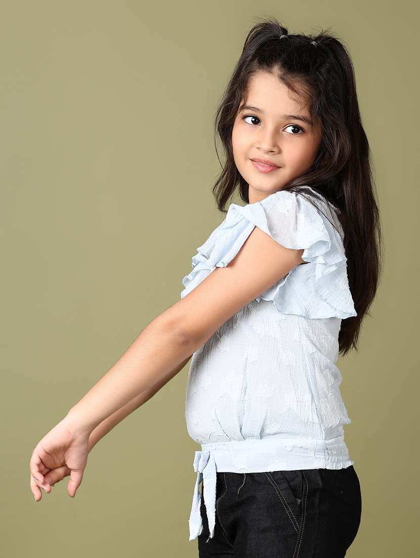 girls light blue solid with work peter pan neck top - 21533860 -  Standard Image - 2