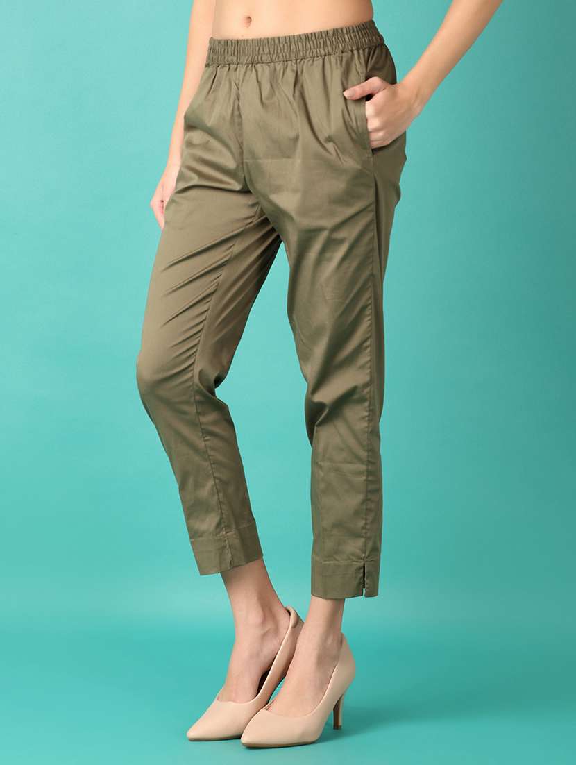 women olive cotton cigarette pant - 21533894 -  Standard Image - 2