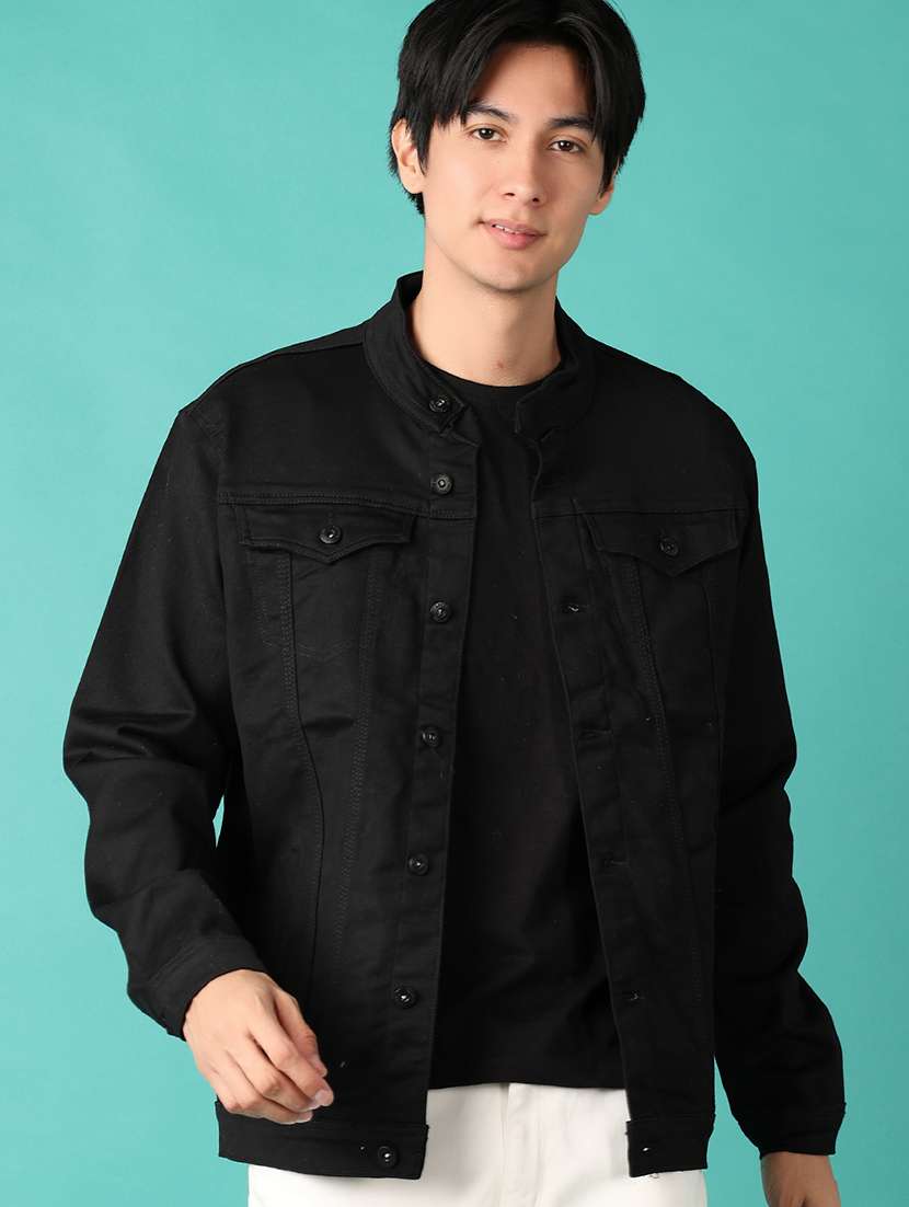 men black solid long sleeve denim jacket