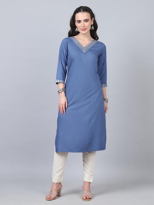 women three quarter sleeves straight kurta - 21534462 - Standard Image - 0